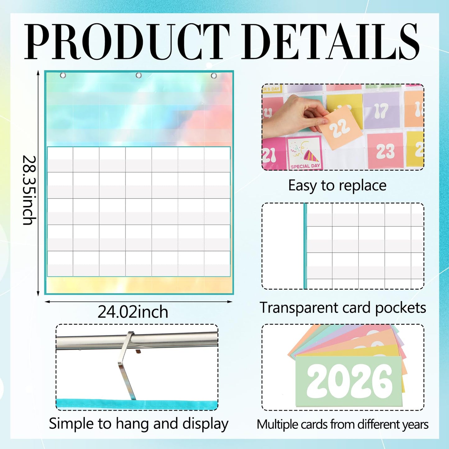 Tinlade Classroom Calendar Pocket Chart Set with 115 Cards 24 x 28 Inch Rainbow Pastel Calendar Bulletin Board Pocket 2026-2033 Festival Weather Teacher Supplies for Back to School Wall Decoration