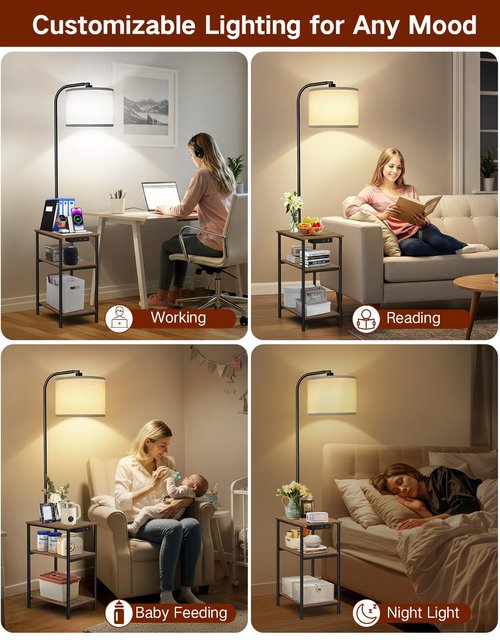 OUTONLIFE Floor Lamp with Table & Remote, Side End Table with Charging Station, Dimmable Nightstand with 3 Color Temperatures, 1-Hour Timer, 12W LED Bulb, for Living Room, Bedroom
