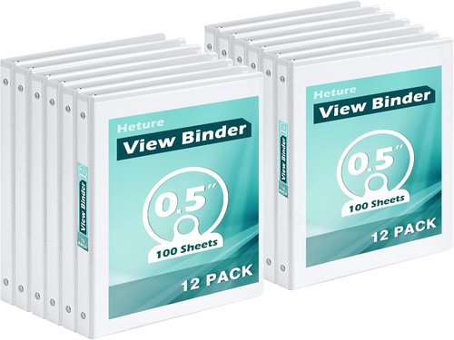 Heture 0.5 Inch 3 Ring Binder - 12 Pack Clear View, PVC-Free, Holds 100 Sheets, Durable White for Office & School