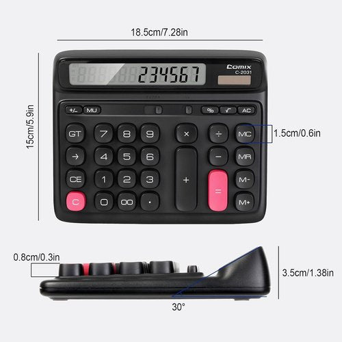 Comix Desk Calculator - 12-Digit Large LCD Display | Solar & Battery Power | Ideal for Home, Office, School