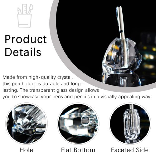 QFkris 3.5'' Crystal Signature Fountain Pen & Pencil Holder Heart Shaped Glass Cut Pen Stand Office Supplies Desktop Organizer Desk Decoration Student Graduation Birthday Gift