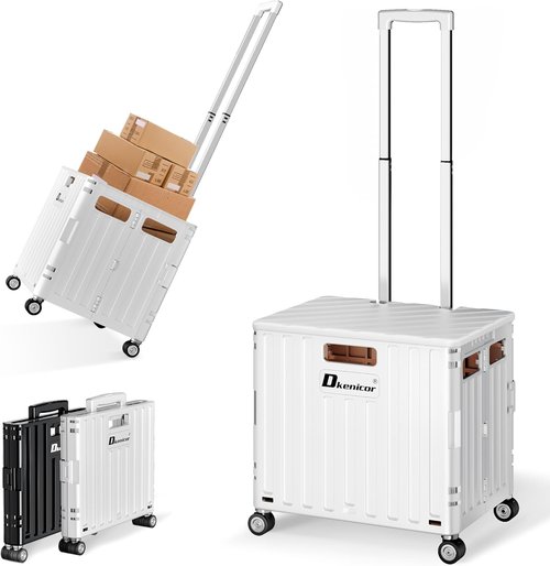 Folding Utility Cart - Portable Rolling Crate Handcart with Lid & 4 Wheels | Durable White Shopping Trolley