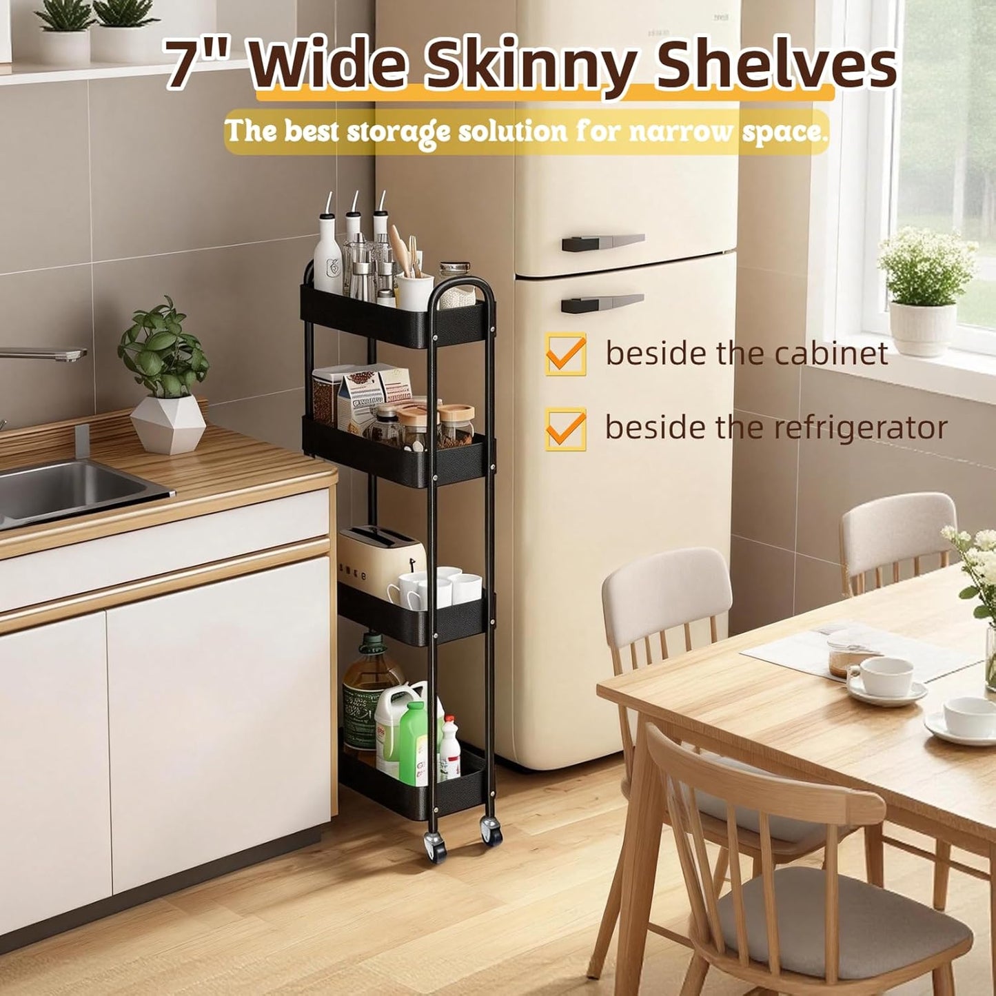 4 Tier Slim Storage Cart - Rolling Laundry Organizer with Lockable Wheels | 7.1'' Narrow Metal Shelf, Black