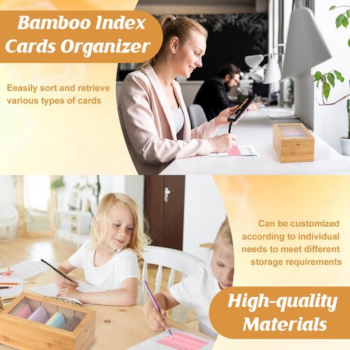 Bamboo Index Card Organizer - 3x5 Index Card Holder Box With Dividers - Wood Recipe Box With Lid - 4 Compartments For 1200 Cards - 5.9"W x 10"D x 4"H
