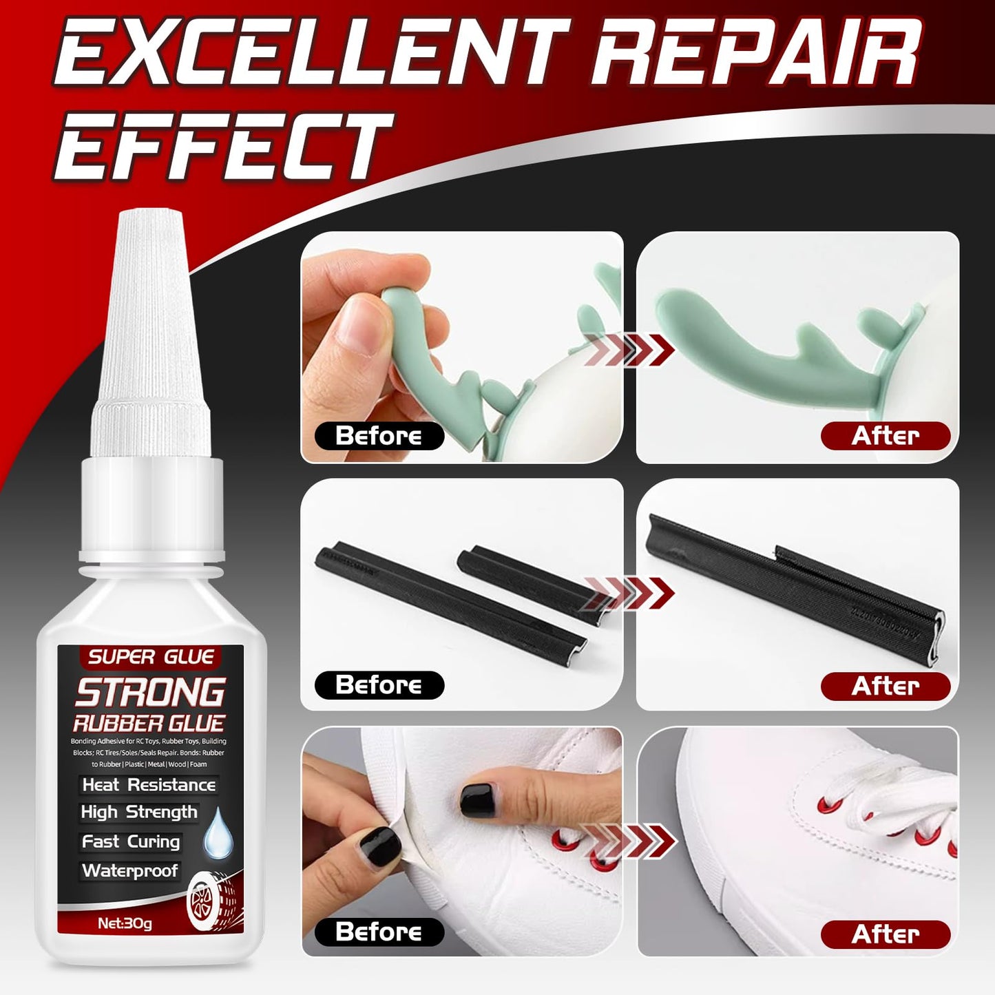 Rubber Glue, 30g Super Glue for Rubber, Tires, Seals, Gaskets, Shoe Soles, Hose, Tire Adhesive Heavy Duty, Waterproof, with Anti-Clog Cap, Heat-Resistant (with 3 Droppers)