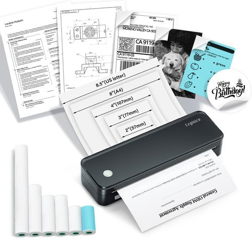 leginico Portable Printer with 6 Rolls Multi-Size Paper, Bluetooth Inkless Thermal Printer Compatible with iOS, Android, Laptop, Used for Travel, Office, Home(Black)