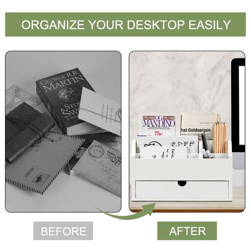 Dhmkfly Desk Organizer with Drawer Wood File Office Mail Organizer Countertop-5 Slot Tabletop Storage Pen Organizer Letter Holder for School Home Office Supplies (White)