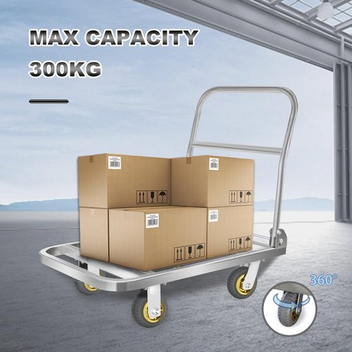Uholan Fold Platform Truck 660lbs Stainless Steel Square Tube Cart 35.43in x 23.62in Flat Dolly 6in Elastic Rubber Wheel Used for Warehouse Transport Groceries Heavy-Duty Utility Hand Truck