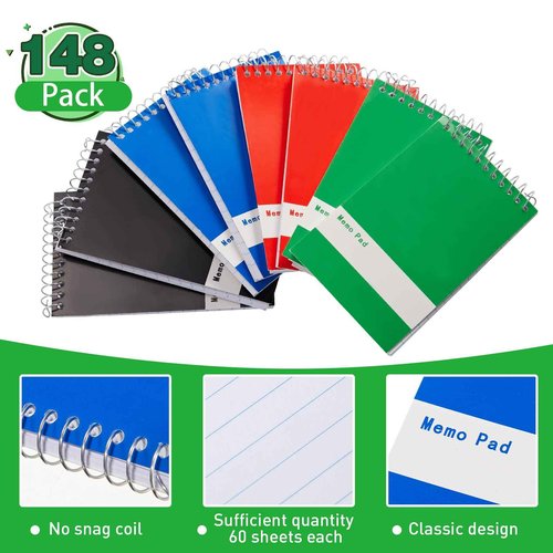 Thenshop 148 Pads Spiral Memo Pads Bulk 3 x 5 Inch Small Pocket Notepad Top Bound Lined 60 Sheets Mini Notebooks for School College Office Home Supplies (Black,Green,Dark Blue,Red)