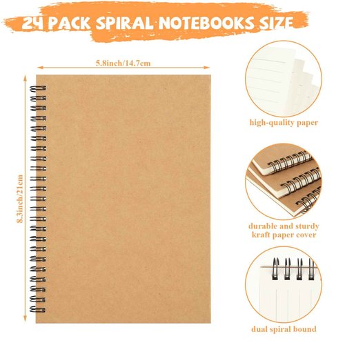 MIVIDE 24 Pack A5 Bulk Spiral Notebooks with Kraft Cover, 8.3 x 5.8 Inch 60 Pages Hardcover Spiral Lined Notebook Journal, Lined Travel Bulk Writing Paper Notebook for School Business Office Supplies