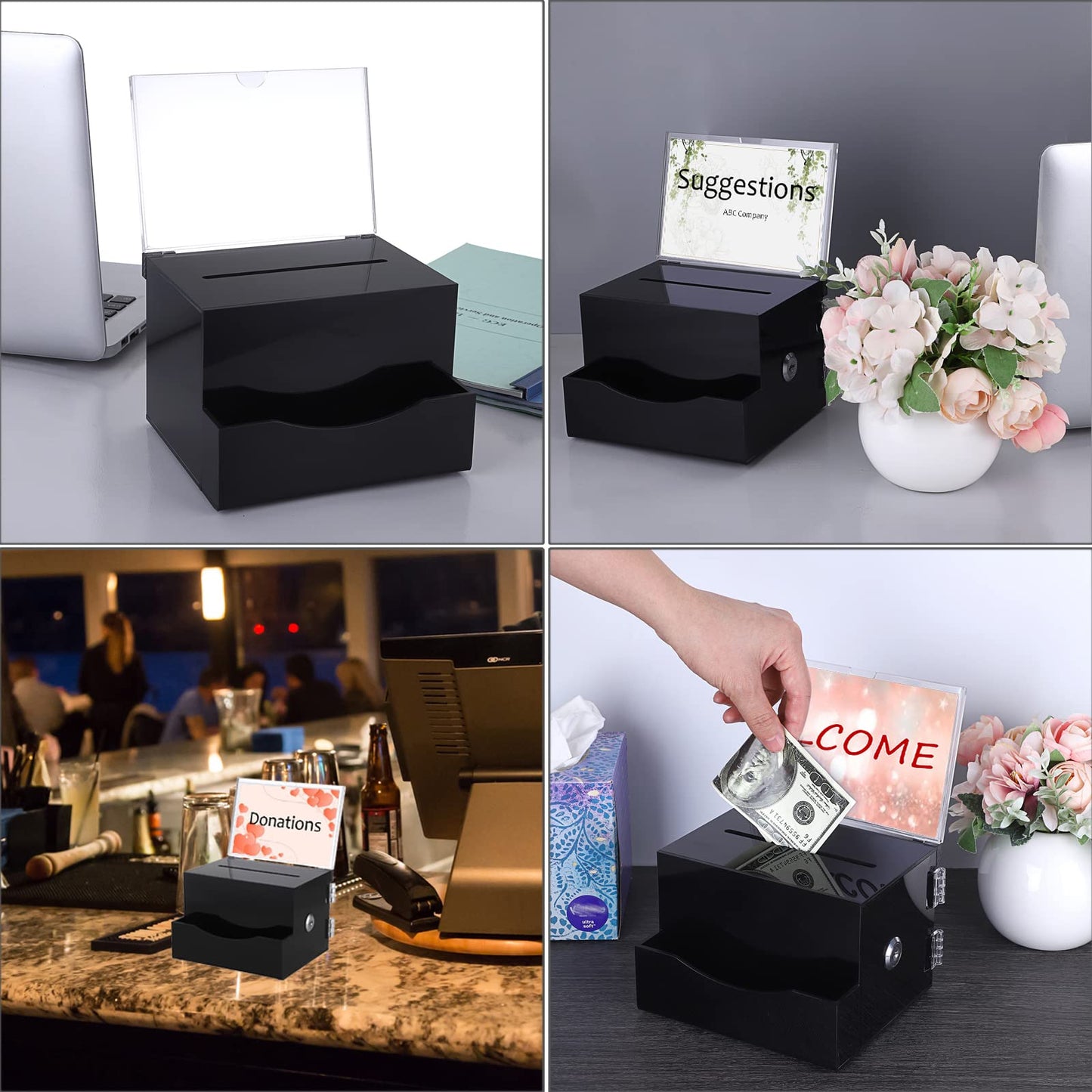 BTSKY Acrylic Suggestion Box with Lock, Acrylic Donation Box with Sign Holder, Tip Box with Pocket Collection Boxes for Voting Locking Mailbox, Suggestion Box with Removable Sign Slot (Black)
