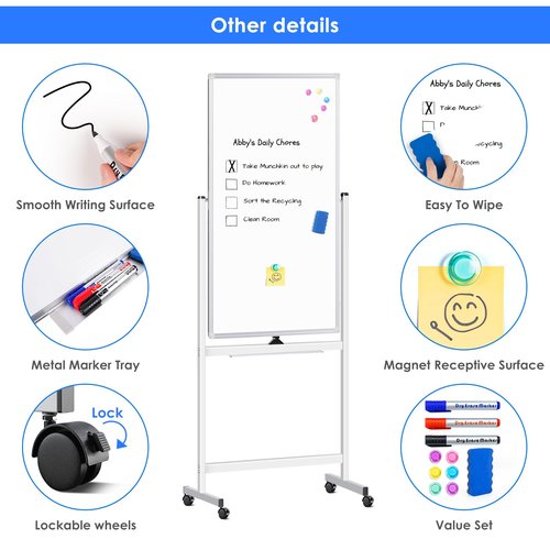 Magnetic Mobile White Board, 48 x 24 Double Sided Dry Erase Board Rolling Whiteboard Aluminum Frame Standing Whiteboard on Wheels