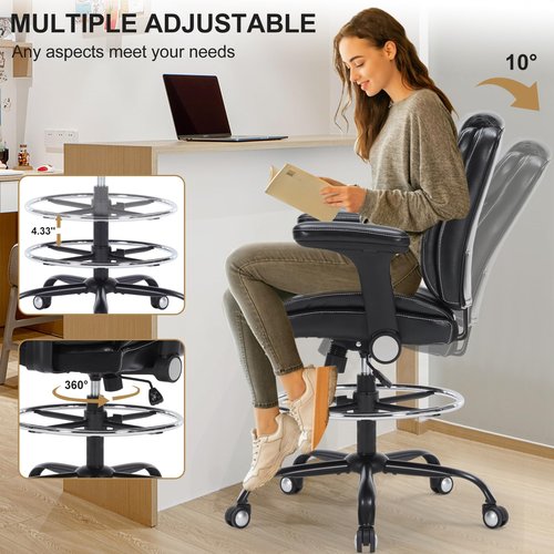 Drafting Chair, Ergonomic Tall Office Chair with Soft Adjustable Armrests and Foot Ring, Standing Desk Chair PU Leather High Office Chair for Counter Height Desk, Swivel Computer Stool, Black