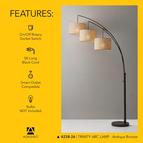 Adesso Arc Floor Lamp with 3 Movable Shades & Dimmable Brightness - Perfect Lighting for Bedroom, Living Room and Corner Decor, Antique Bronze