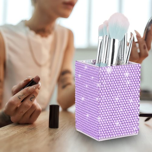 KEYPOWER Acrylic Pencil Pen Holder Cup Decorated with Bling Rhinestone Makeup Brush Holder Modern Desktop Stationery Accessories (Purple)