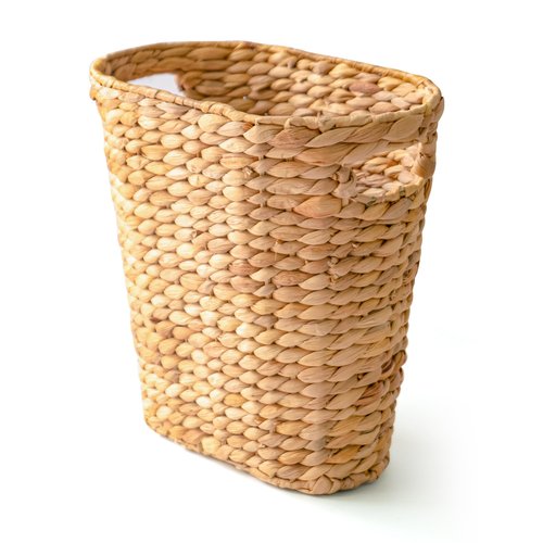 KOKODO Oval Water Hyacinth Waste Basket – Handwoven Wicker Trash Can with Handles & Metal Frame, BOHO Decorative Garbage Bin for Bathroom, Bedroom, Home Office (1-Pack)