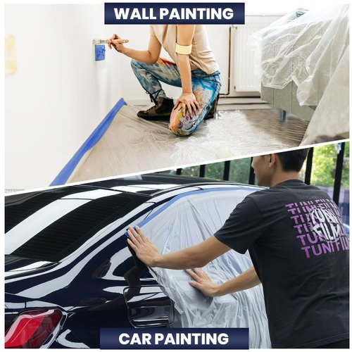 ADHES Painters Plastic with Tape, 102 inch x 90 feet x 3 Rolls Painters Tape with Plastic Attached, Pre Taped Masking Film for Automotive Painting Covering