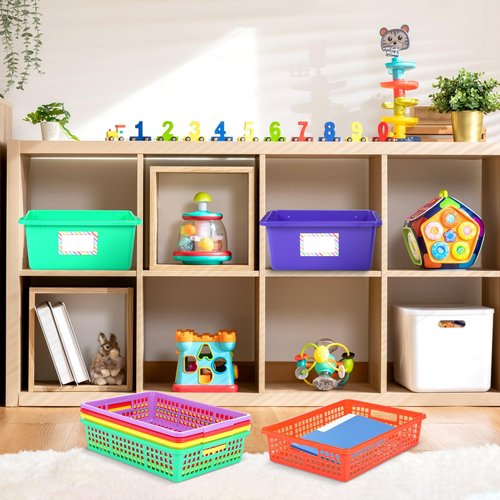 Blosssound 12 Pack Storage Bin Basket Organizers with Label Stickers 6 Plastic Toy Storage Containers 6 A4 Paper Plastic Trays Stackable Organizer Set for Classroom Library Home School Supplies
