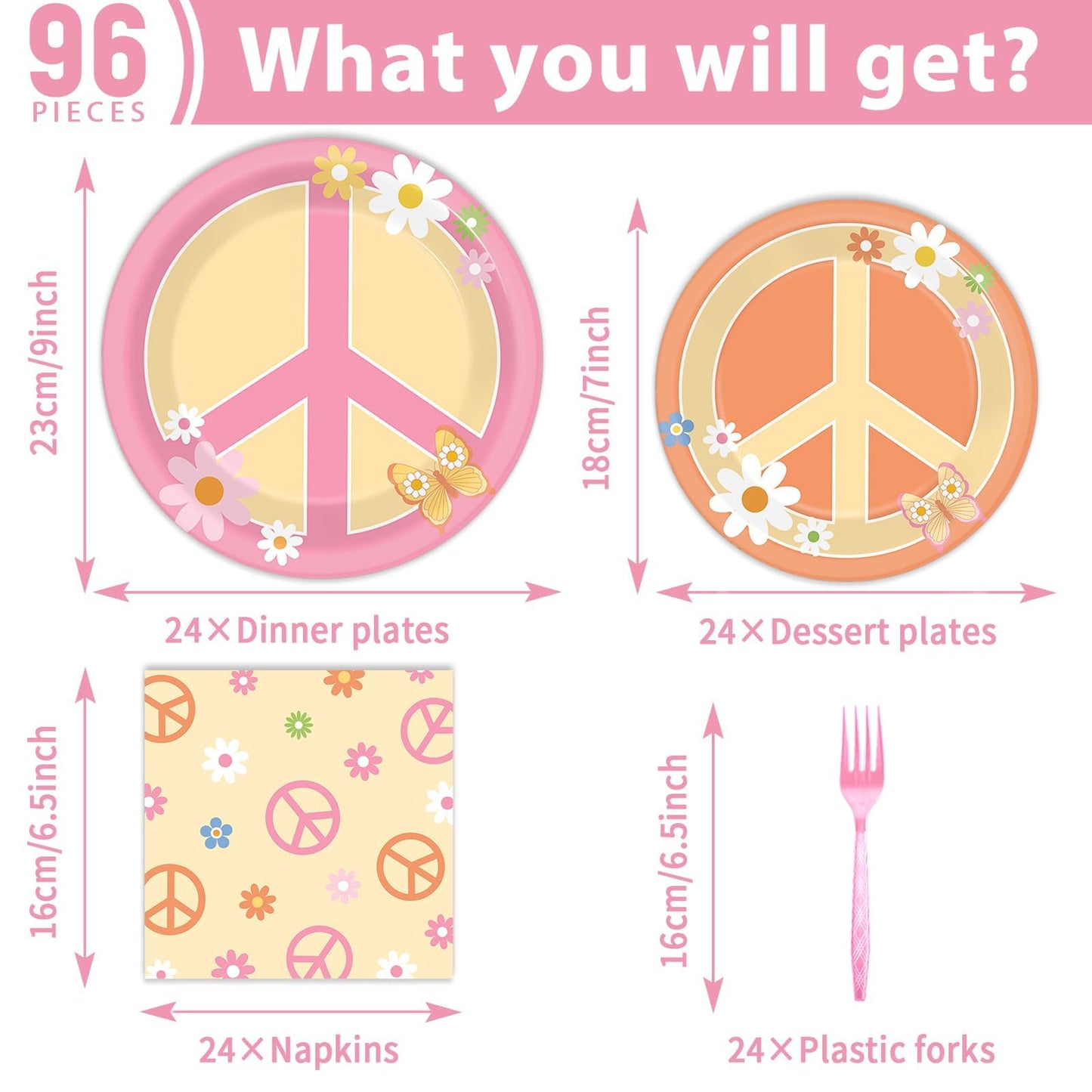 96 Pcs Groovy Birthday Party Supplies for 24 Guests Hippie Peace Sign Tableware Plates Napkins 60's 70's Two Groovy Retro Dinnerware Table Decorations Hippie Party Favor for Birthday Baby Shower Decor