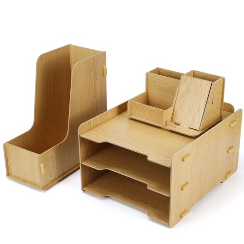 Buqoo Wooden Desk Organizer Set, Desktop File Holder with Phone Stand, 3-Tier Paper Tray, Office Supplies Storage, Natural Wood