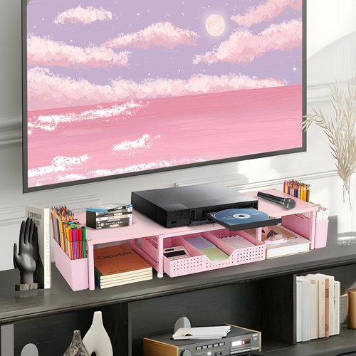 OPNICE Desk Dual Monitor Stand Riser - Wood Desk Organizer with Drawer and Pen Holders, Office Desk Accessories & Workspace Organization, Computer Monitor Stand for Laptop Printer, Girl Pink