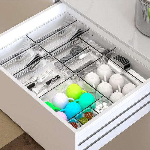Yieach 25 Pc Clear Plastic Drawer Organizer Set,4 Sizes In Drawer Organizer Trays for Bathroom,Office,Kitchen Cabinet and Vanity Organizers,Desk Drawers Organizer Bin for Jewelry,Cosmetic,Utensil,Junk