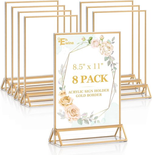 EHWINE Acrylic Sign Holder - 8 Pack Double-Sided 8.5 x 11 Gold Picture Frame Stands | Clear Display for Weddings & Events