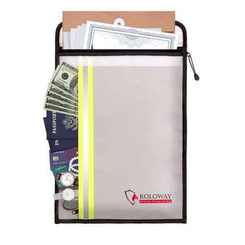 ROLOWAY Fireproof Document Bag (15 x 11 inch) with 2 Pockets & Waterproof Zipper, Fire Safe Envelope Bag for Cash, Legal Documents (Silver)