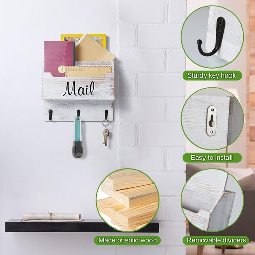 DRASTAR Mail Organizer Wall Mounted, Wooden Mail & Key Holder for Wall, Hanging Mail Organizer, Retro White Mail Basket for Home Office