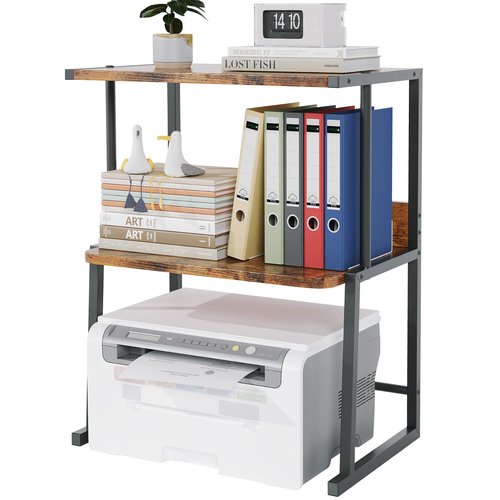 Homeiju Desktop Printer Stand,3 Tier Wood Storage Shelves, Multi-Function Storage for Fax Machine, Scanner, Files, Books, Heavy-Duty Metal Frame with Space-Saving, Rustic Brown
