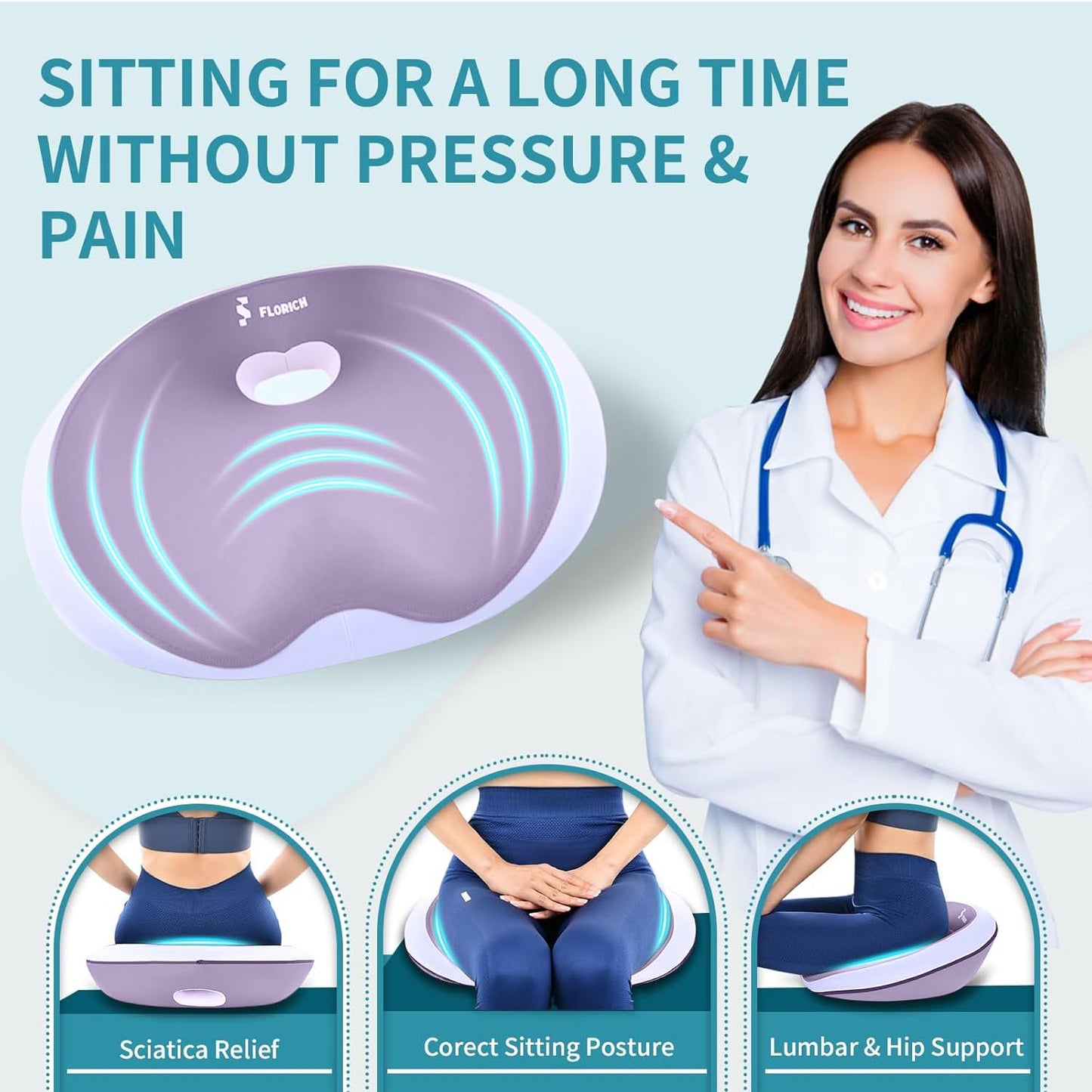 FLORICH Seat Cushion Lumbar Support Pillow for Office Chair, Car Lower Back Support, Ergonomic Desk Chair Pillow for Butt and Back Support of Memory Foam Seat Pad(Purple)
