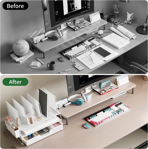 LEKETREE Desk Organizer - Vertical File Holder with Drawer & Pen Holder | White Office Accessories