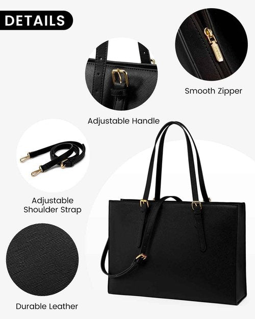 LOVEVOOK Laptop Tote Bag for Women, Large Briefcase for 15.6 Inch Computer Waterproof PU Leather Shoulder Bag with USB Charging Port, Business Office Work Shoulder Handbag Purse 2Pcs Set, Black