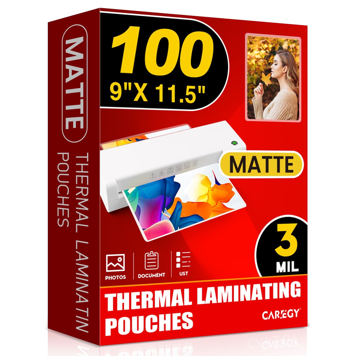 CAREGY Matte Laminating Sheets,100 Pack 9 x 11.5 Inches,3 Mil Thick,Ultra Clear with Matte Finish, Fitted for Letter Size Thermal Laminating Pouches 8.5 x 11