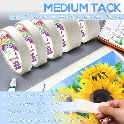 Artist Tape - Medium Tack White Art Tape for Watercolor & Drafting | 4 Packs, 0.25in Wide, 396ft Total