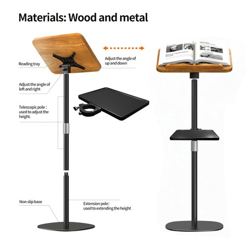 Namon Heavy-Duty Music Stand for Floor, Small Solid Wooden - 15×10 in, Adjustable Height (16.5-51'') & Angle (0-180°), with Sheet Music Clips, Perfect for Sheet Music, Books, Projector, Laptop, etc.