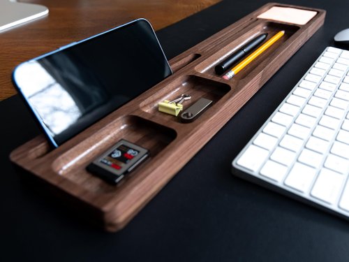 Timber Box Design Walnut Wood Office Desk Tray Organizer, Multi-Compartment Storage Solution, Supply Organization Caddy, Tabletop Home Workspace