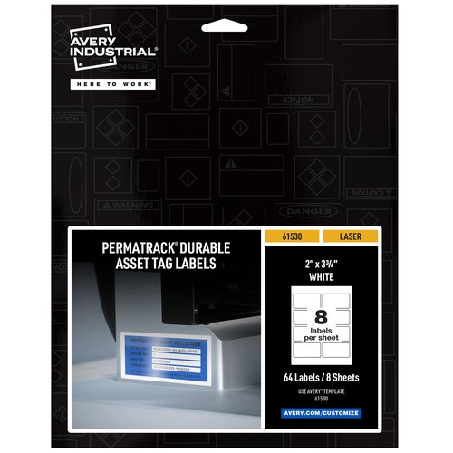 Avery White Asset Tag Labels, 3-3/4" x 2", Laser Printable Tags, 64 Waterproof Labels (61530)