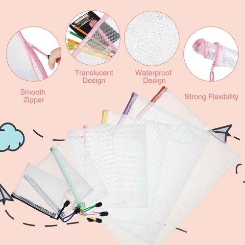 Zhehao 120 Pcs Mesh Zipper Pouch Waterproof Mesh Bags with Zipper Waterproof PVC Document Pouch PVC Travel Zipper Multipurpose Document Bags for School Office(Multicolor Zipper)