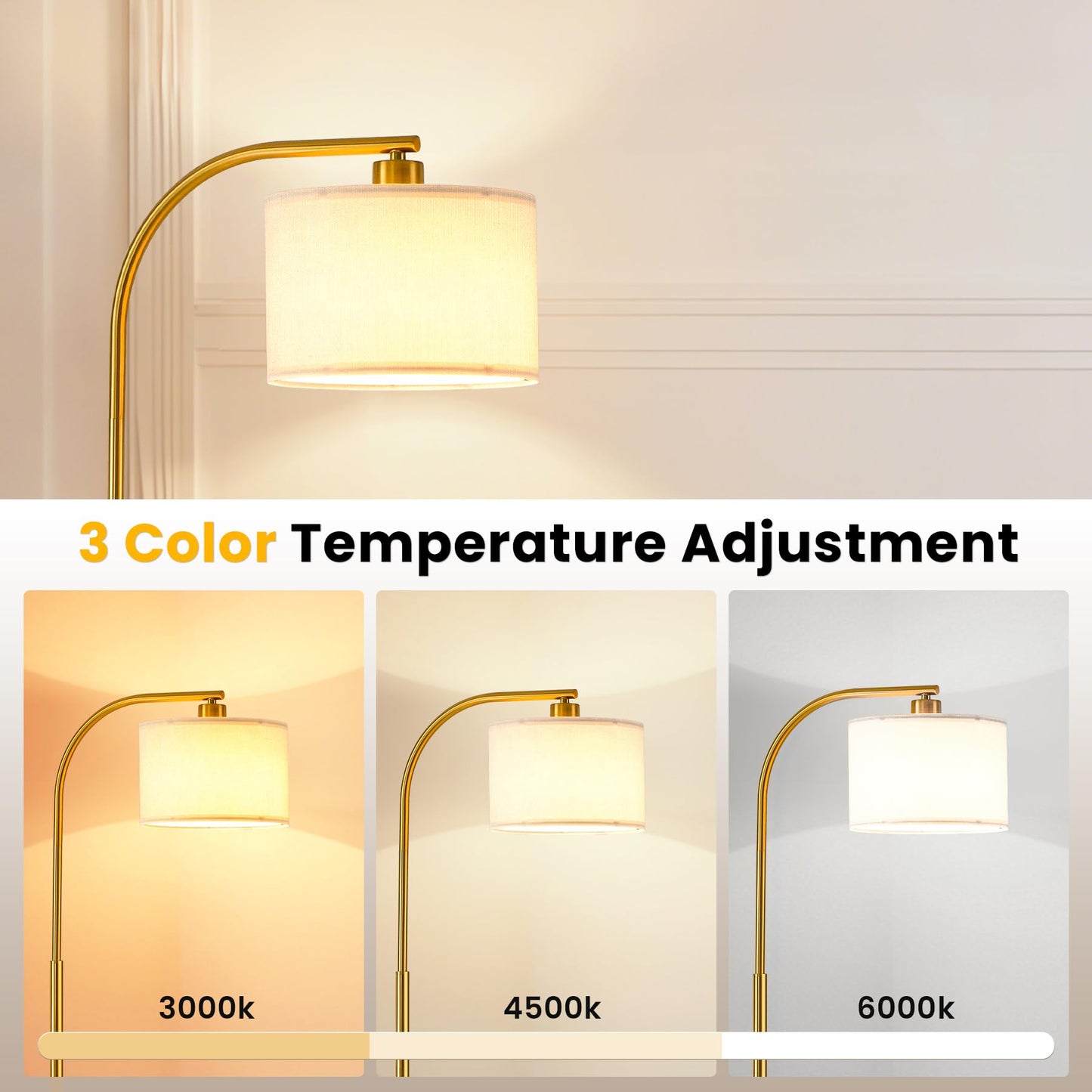 KQW Tall Floor Lamp for Living Room,65'' Modern Standing Lamps with 9W LED Bulb,Elegant Floor Light with Fabric Shade,Gold Tall Lamp for Bedroom Office Study Room Corner Dining Room