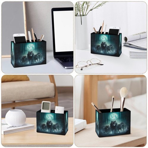 Famame Wolf Night Moon Pencil Holder for Desk, Leather Desktop Container Pen Cup Storage Study Table Pen Organizer Makeup Brush Holder for Classroom Office Home