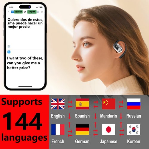 Haiseire Translation Earbuds Real Time,AI Languages Translator Earbuds,Audifonos Traductores Inglés español,Translating Headphones Bone Conduction,Bluetooth Translation Earbuds,M74 Black