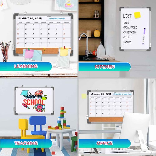 Monthly Calendar Whiteboard Dry Erase Cork Board Combination for Wall, 24"x18" Magnetic Dry Erase Board, Double-Sided White Board, Portable Board for Office, Kitchen, Planning, Memo, School, Home