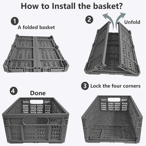 KINGSUSLAY 4-Pack Plastic Storage Crates,20L Foldable Baskets,Collapsible Crates, Baskets and Bins for Toys, Home Storage, Office Products, Christmas Gifts, Easter Eggs (Grey)