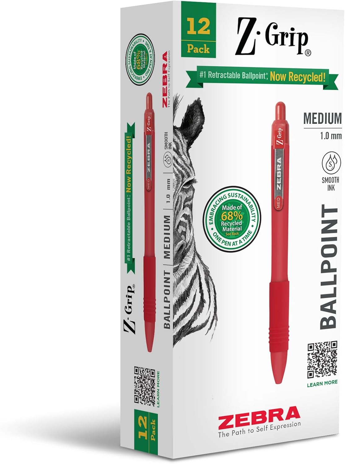 Zebra Pen Z-Grip Recycled Ballpoint Pens - 1.0mm Red Ink, Durable Metal Clip, 12-Pack