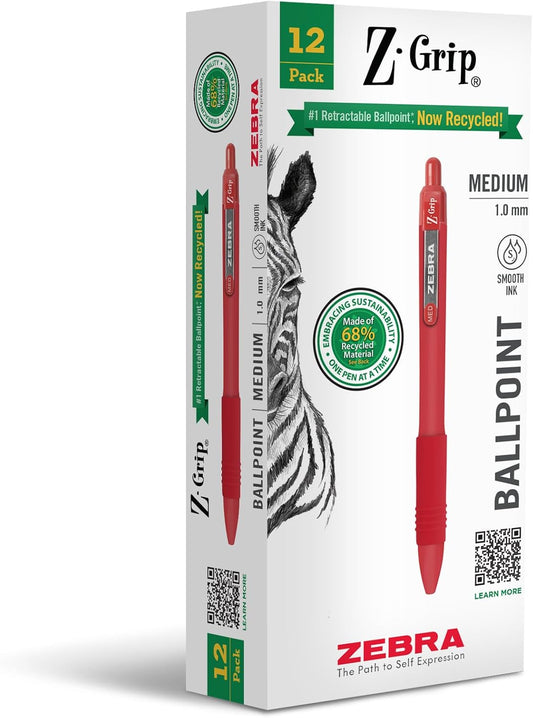 Zebra Pen Z-Grip Recycled Ballpoint Pens - 1.0mm Red Ink, Durable Metal Clip, 12-Pack
