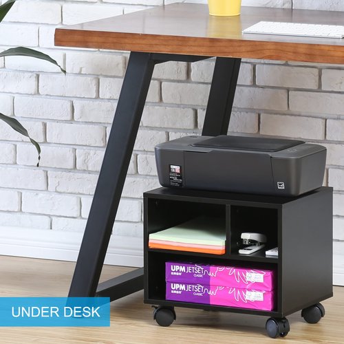 FITUEYES Mobile Printer Stand with Storage, Under Desk Black Wood Small Rolling Printer Table Work Cart with Wheels and 3 Compartment Organizer Spaces for Home Office, 15.7 x 11.8 x 13.8
