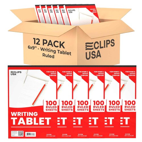 E-CLIPS USA Notepads, Ruled Writing Tablet, Note Pads 6 x 9, Small Notepads, Memo Pad, White, Chipboard Back, Writing Pad, Office Supplies, 100 Sheets Per Pad (12 Pack)