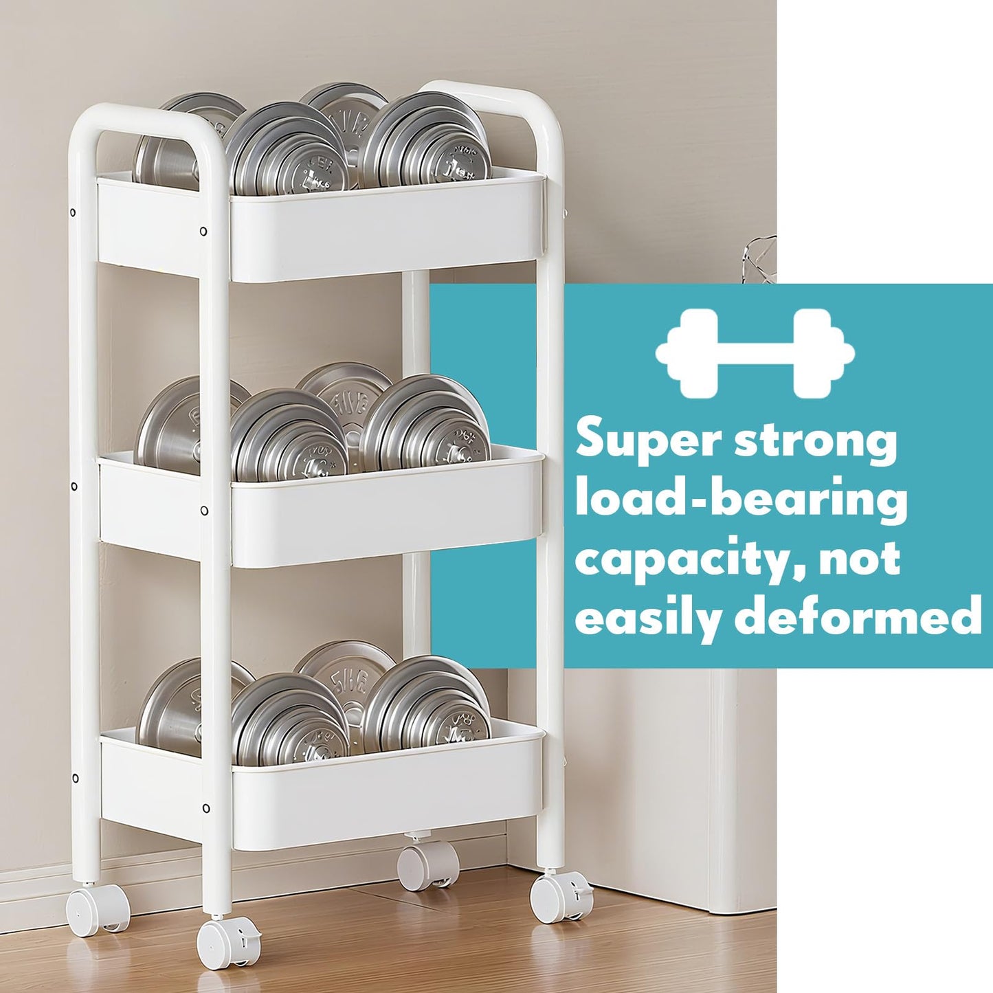 DKALIO 3 Tier Metal Rolling Cart, Heavy Duty Utility Storage Organizer with Lockable Wheels, Mobile Utility Cart for Livingroom, Bathroom, Kitchen, & Narrow Places, White