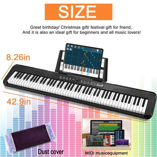 88 Key Digital Piano, Semi Weighted Electronic Keyboard Piano with Music Stand, Power Supply, Sustain Pedal, Bluetooth, MIDI, for Beginner Professional at Home, Stage